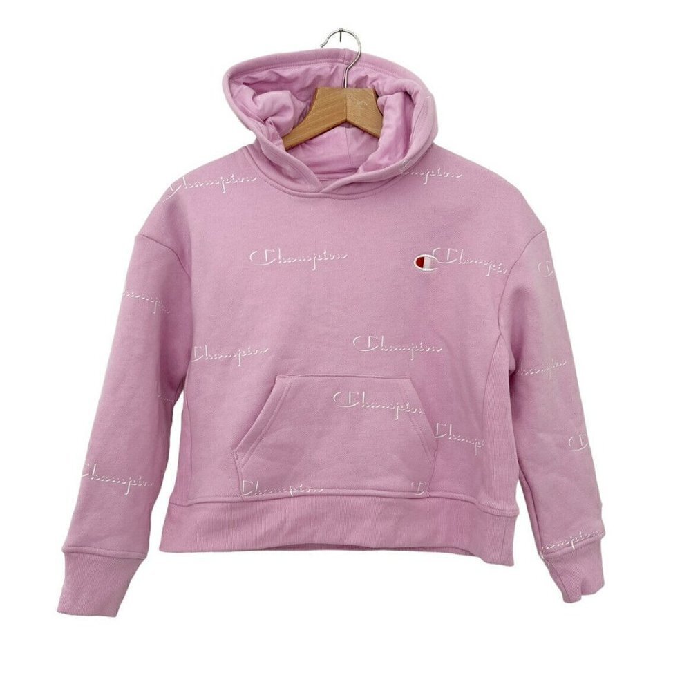 CHAMPION Girl's Sz M Pink Allover White Script Logo HOODIE NWT